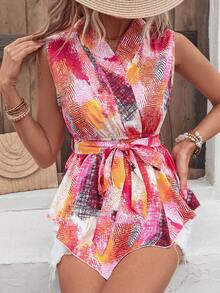 SHEIN VCAY Allover Print Asymmetrical Hem Belted Blouse - Multicolor - View 5