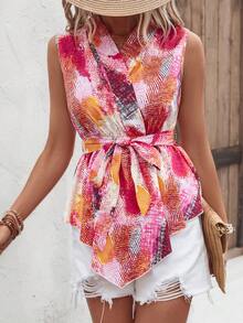 SHEIN VCAY Allover Print Asymmetrical Hem Belted Blouse - Multicolor - View 6
