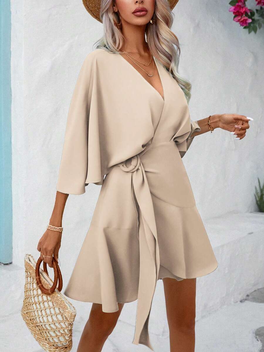Breezaya Batwing Sleeve Ruffle Hem Wrap Knot Side Dress Vacation Beach Outfits Women - Apricot - View 1