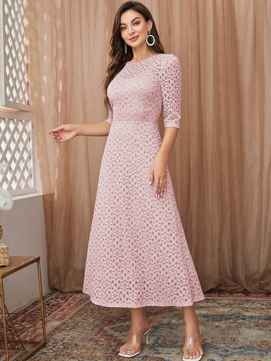 Solid Lace Overlay A-line Dress - Pink - View 1