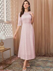 Solid Lace Overlay A-line Dress - Pink - View 4