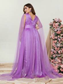Plus Plunge Neck Cloak Sleeve Mesh Bridesmaid Dress - Mauve Purple - View 2