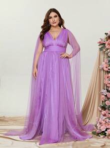 Plus Plunge Neck Cloak Sleeve Mesh Bridesmaid Dress - Mauve Purple - View 3