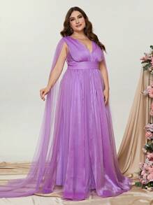 Plus Plunge Neck Cloak Sleeve Mesh Bridesmaid Dress - Mauve Purple - View 5