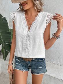 SHEIN LUNE Áo sơ mi nữ Tương phản ren màu trơn Giải trí - trắng - Xem 4