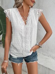 SHEIN LUNE Áo sơ mi nữ Tương phản ren màu trơn Giải trí - trắng - Xem 5