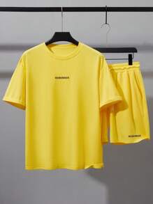 Manfinity Homme Loose Fit Men's T-Shirt With Letter Graphic & Drawstring Waist Shorts - Yellow - View 2
