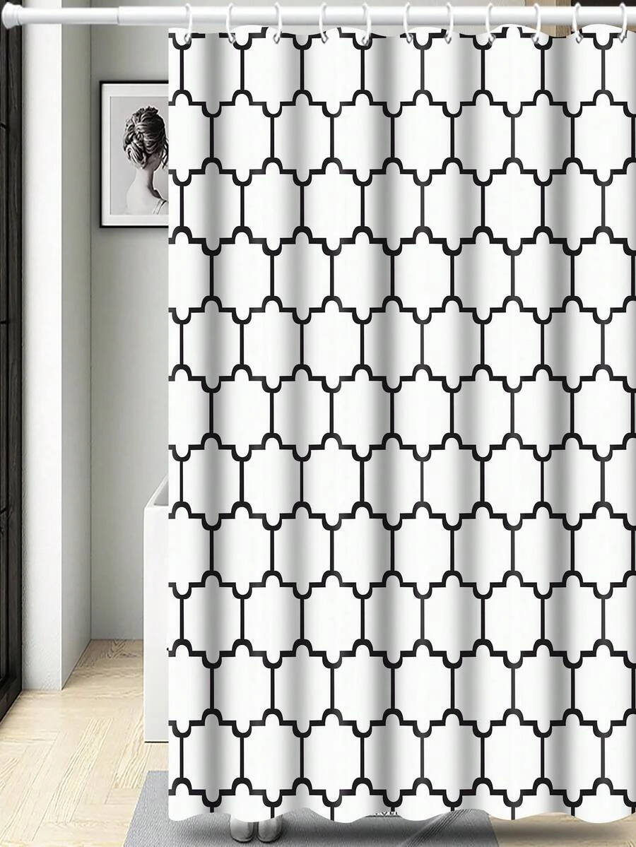 1pc Geometric Pattern Shower Curtain, Modern Polyester Waterproof Shower Curtain For Bathroom - Black and White - View 1