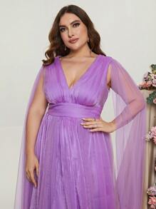 Plus Plunge Neck Cloak Sleeve Mesh Bridesmaid Dress - Mauve Purple - View 6
