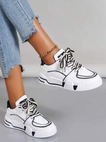 Women Two Tone Skate Shoes, Lace-up Front Sporty Sneakers - Black and White - View 1