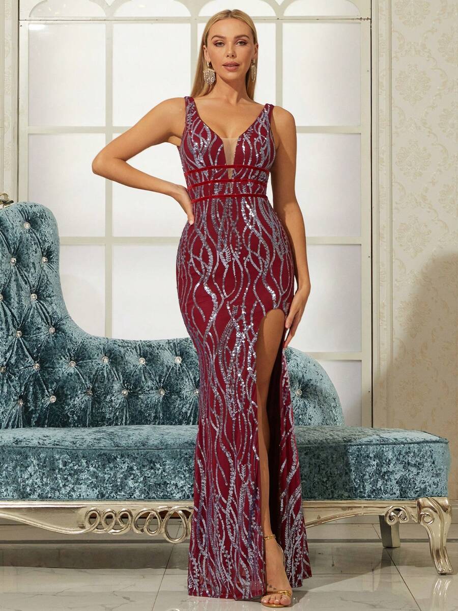 Missord Đầm Lộ Lưng Tương phản Mesh Dây kéo Tách cao màu trơn Buổi tiệc - Màu Tím - Xem 1