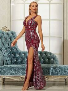 Missord Đầm Lộ Lưng Tương phản Mesh Dây kéo Tách cao màu trơn Buổi tiệc - Màu Tím - Xem 4