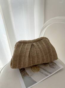 1pc Vacation Style Metallic Frame Twist Lock Cloud Shaped Clutch Bag, Woven Rattan-like Texture - Camel - View 1