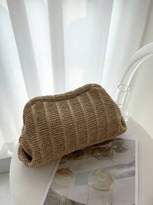 1pc Vacation Style Metallic Frame Twist Lock Cloud Shaped Clutch Bag, Woven Rattan-like Texture - Camel - View 2