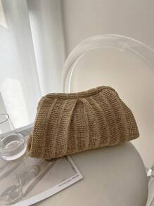 1pc Vacation Style Metallic Frame Twist Lock Cloud Shaped Clutch Bag, Woven Rattan-like Texture - Camel - View 3