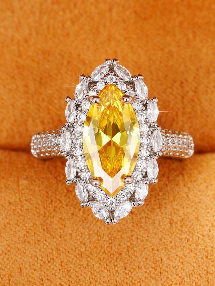 1pc Elegant Yellow Cubic Zirconia Ring, Women's Wedding Jewelry, Valentine's Day Gift - Yellow - View 1