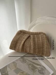 1pc Vacation Style Metallic Frame Twist Lock Cloud Shaped Clutch Bag, Woven Rattan-like Texture - Camel - View 6