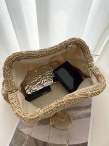 1pc Vacation Style Metallic Frame Twist Lock Cloud Shaped Clutch Bag, Woven Rattan-like Texture - Camel - View 7