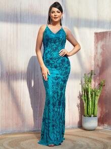 Missord 印花魚尾裙下擺亮片正式連衣裙 - 藍色 - 查看 1