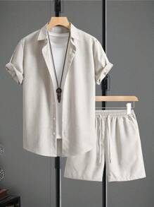 Manfinity Homme Men Casual Solid Shirt & Plain Drawstring Waist Shorts Without Tee, For Boyfriend Gift - Beige - View 1