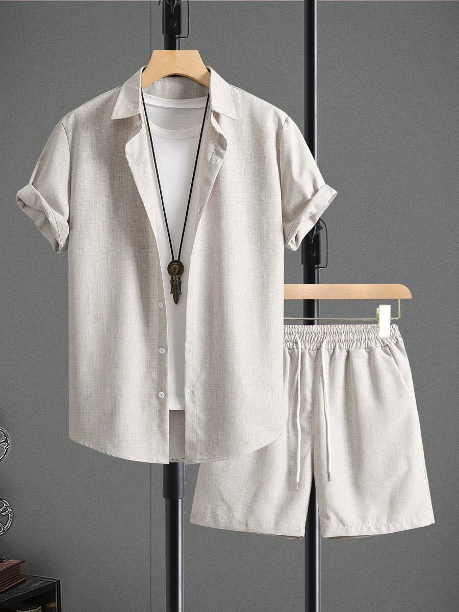 Manfinity Homme Men Casual Solid Shirt & Plain Drawstring Waist Shorts Without Tee, For Boyfriend Gift - Beige - View 1