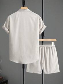 Manfinity Homme Men Casual Solid Shirt & Plain Drawstring Waist Shorts Without Tee, For Boyfriend Gift - Beige - View 2