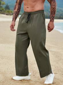 Manfinity Men Plus Solid Wide Leg Pants - Army Green - View 5