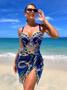 Swim Vcay Push-Up Badeanzug mit Kette Muster, & Strandrock