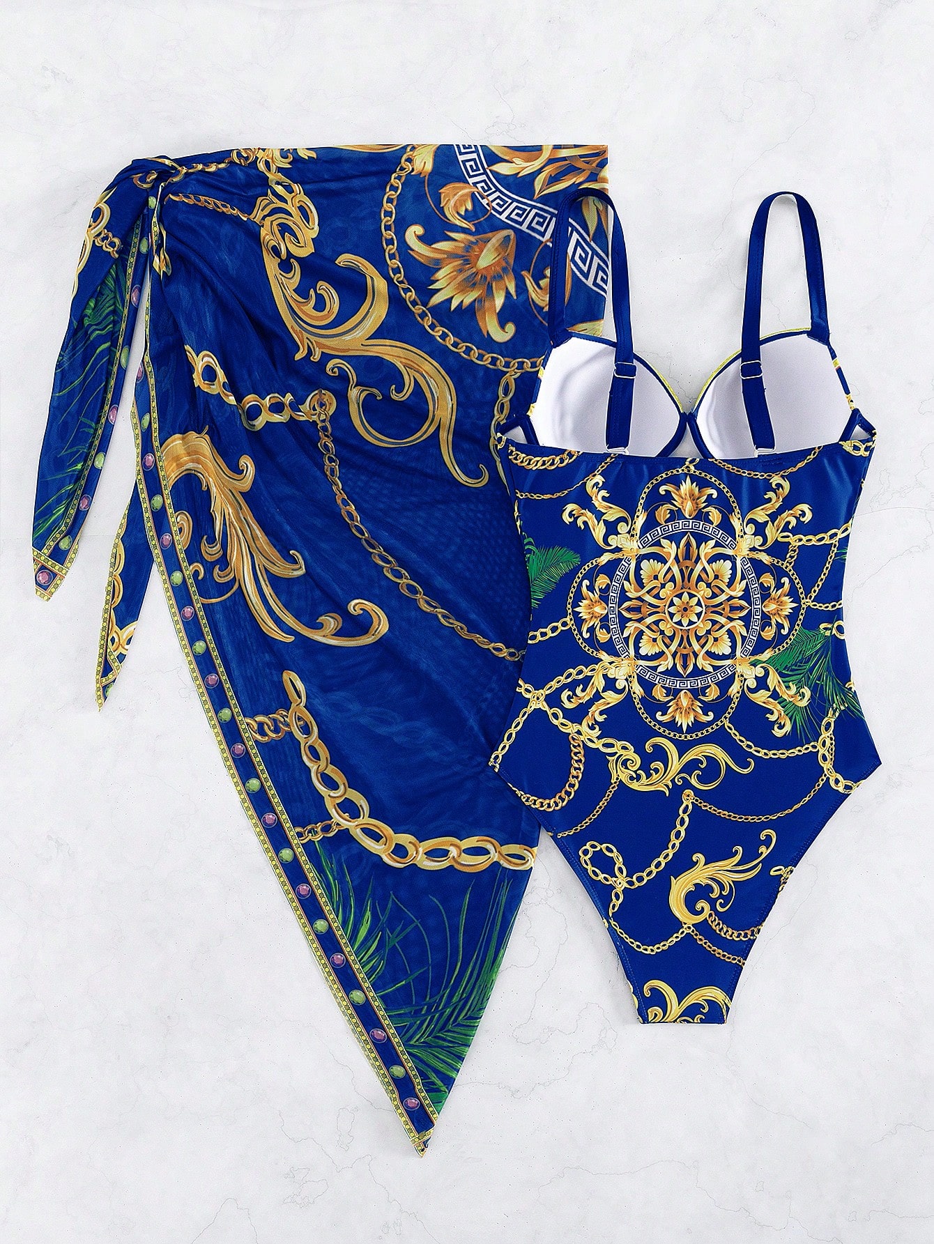 Breezaya Maiô push up impressão em cadeia com saia de praia - Azul Royal - Visão 3