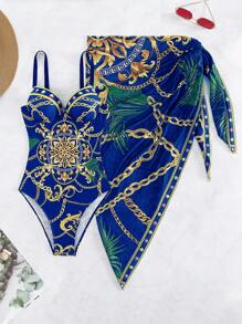 Swim Vcay Push-Up Badeanzug mit Kette Muster, & Strandrock