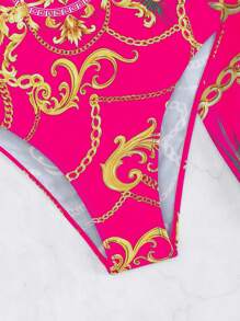 Swim Vcay Chain Print Push Up One Piece Swimsuit With Beach Skirt,Summer Beach - Hot Pink - View 4