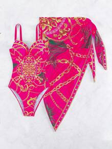 Swim Vcay Chain Print Push Up One Piece Swimsuit With Beach Skirt,Summer Beach - Hot Pink - View 5
