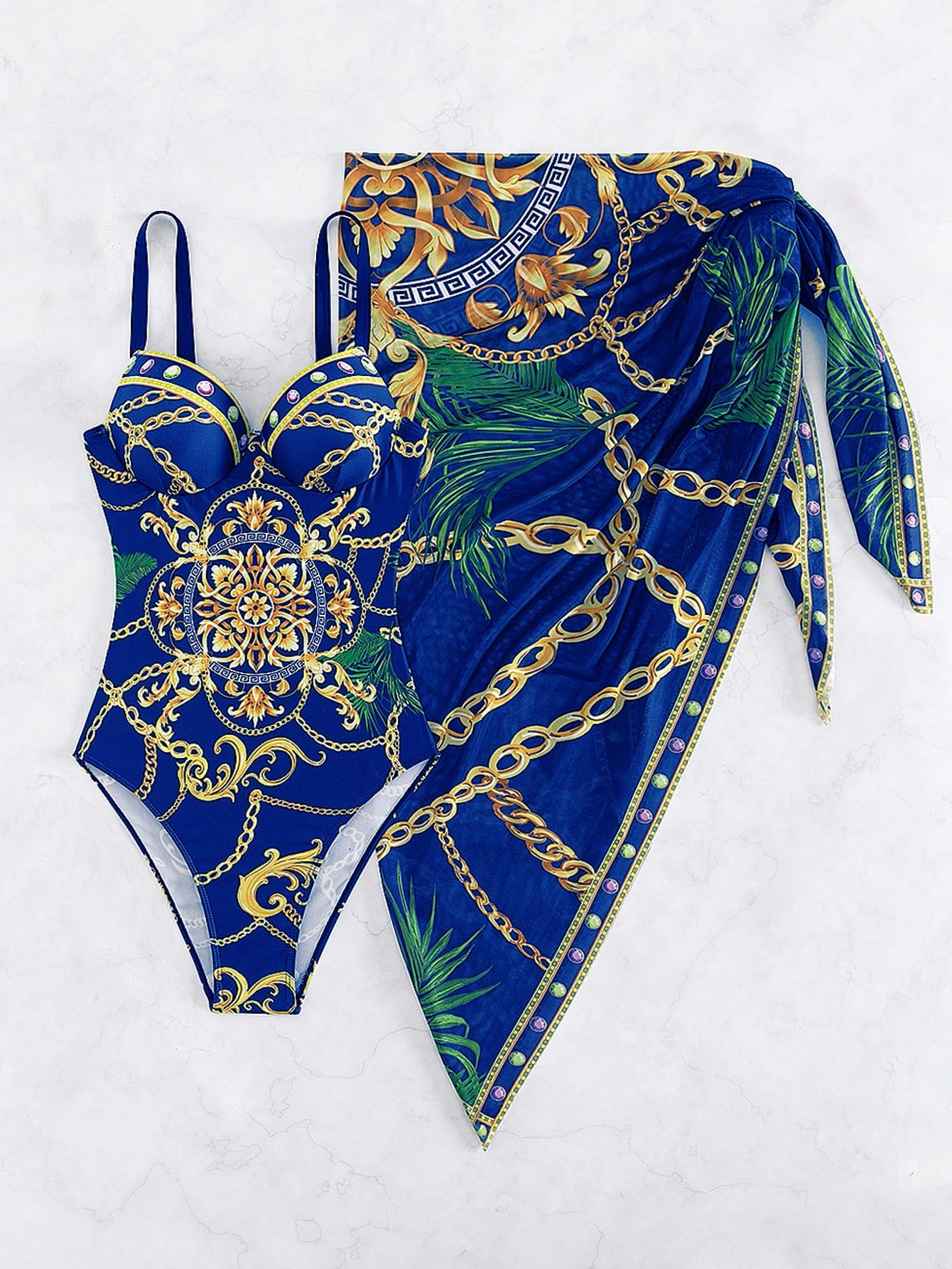 Breezaya Maiô push up impressão em cadeia com saia de praia - Azul Royal - Visão 6