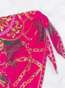 Swim Vcay Chain Print Push Up One Piece Swimsuit With Beach Skirt,Summer Beach - Hot Pink - View 6