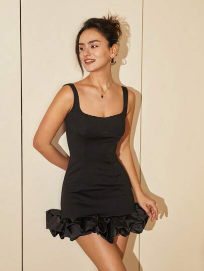 Women's Summer Elegant Ruffle Hem Fitted Sleeveless Dress, Short Peplum Hem Dress, Suitable For Wedding, Graduation, Prom, Summer Outfits