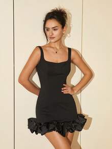 Women's Summer Elegant Ruffle Hem Fitted Sleeveless Dress, Short Peplum Hem Dress, Suitable For Wedding, Graduation, Prom, Summer Outfits