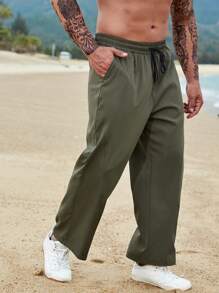 Manfinity Men Plus Solid Wide Leg Pants - Army Green - View 4