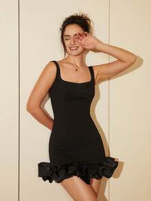 Women's Summer Elegant Ruffle Hem Fitted Sleeveless Dress, Short Peplum Hem Dress, Suitable For Wedding, Graduation, Prom, Summer Outfits