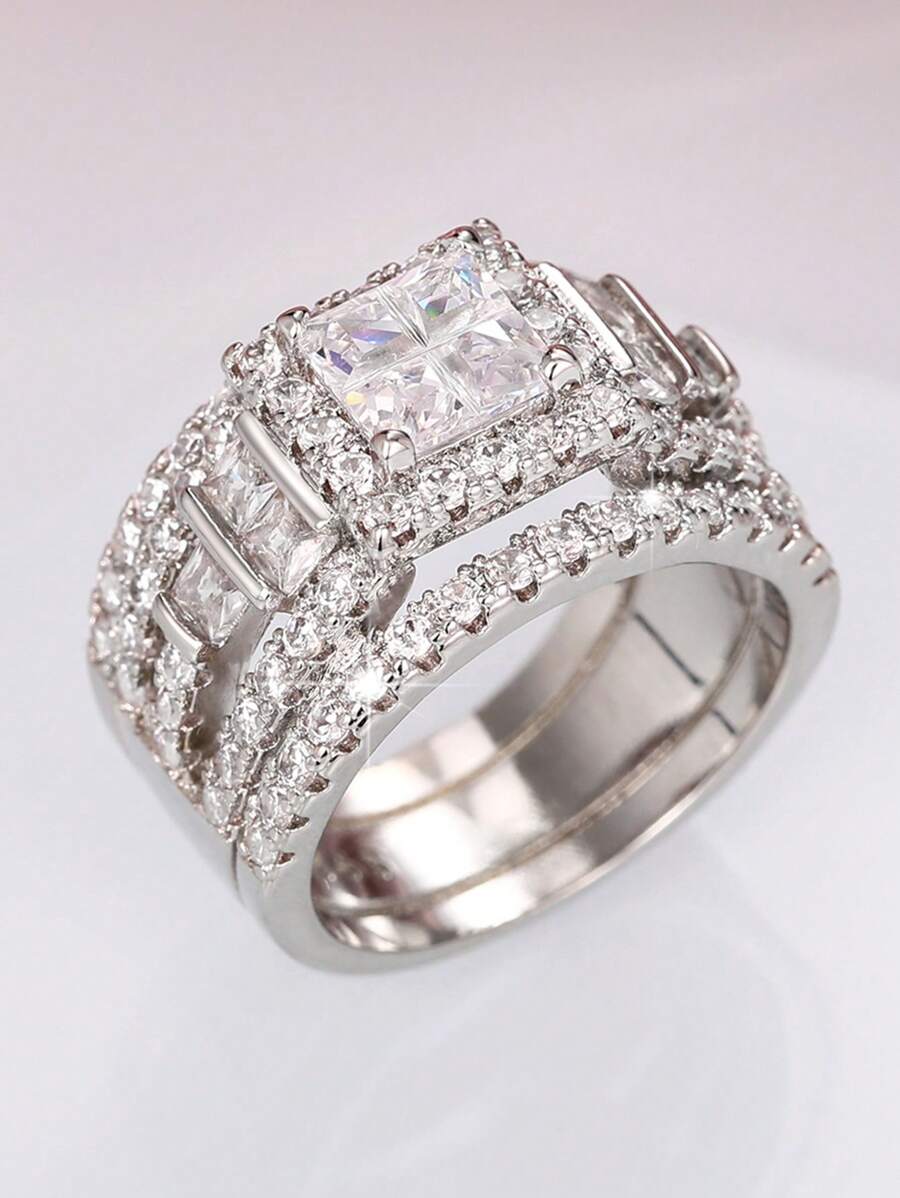 1 Máy Tính Sang Trọng Đính Đá Cubic Zirconia Trang Trí Nhẫn Cho Nữ Kỷ Niệm Ngày Cưới Ban Nhạc Trang Sức Lễ Tình Nhân Quà Tặng - Bạc - Xem 1