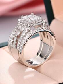1 Máy Tính Sang Trọng Đính Đá Cubic Zirconia Trang Trí Nhẫn Cho Nữ Kỷ Niệm Ngày Cưới Ban Nhạc Trang Sức Lễ Tình Nhân Quà Tặng - Bạc - Xem 3