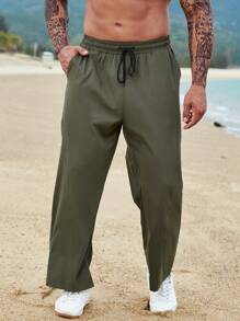 Manfinity Men Plus Solid Wide Leg Pants - Army Green - View 7