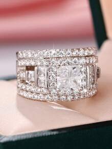 1 Máy Tính Sang Trọng Đính Đá Cubic Zirconia Trang Trí Nhẫn Cho Nữ Kỷ Niệm Ngày Cưới Ban Nhạc Trang Sức Lễ Tình Nhân Quà Tặng - Bạc - Xem 6