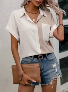 SHEIN LUNE 双色蝙蝠袖口袋贴布衬衫，短袖上衣 - 卡其色 - 查看 3