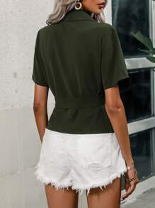 SHEIN Clasi Lapel Neck Knot Side Wrap Blouse - Green - View 3