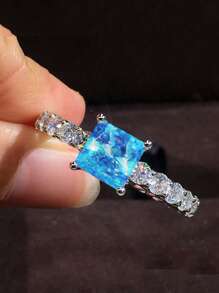 1 chiếc nhẫn đính hôn Cubic Zirconia vuông, thời trang sáng bóng dành cho cô dâu, lời hứa, kỷ niệm, nhẫn đá quý dành cho phụ nữ, đeo hàng ngày - Màu xanh nhạt - Xem 11