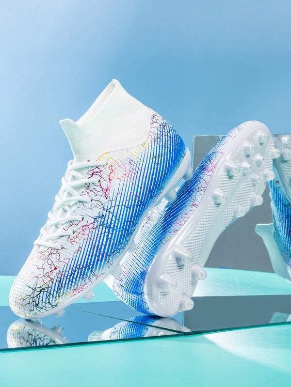 Men Striped Pattern Soccer Shoes, Lace-up Front High Top Sneakers