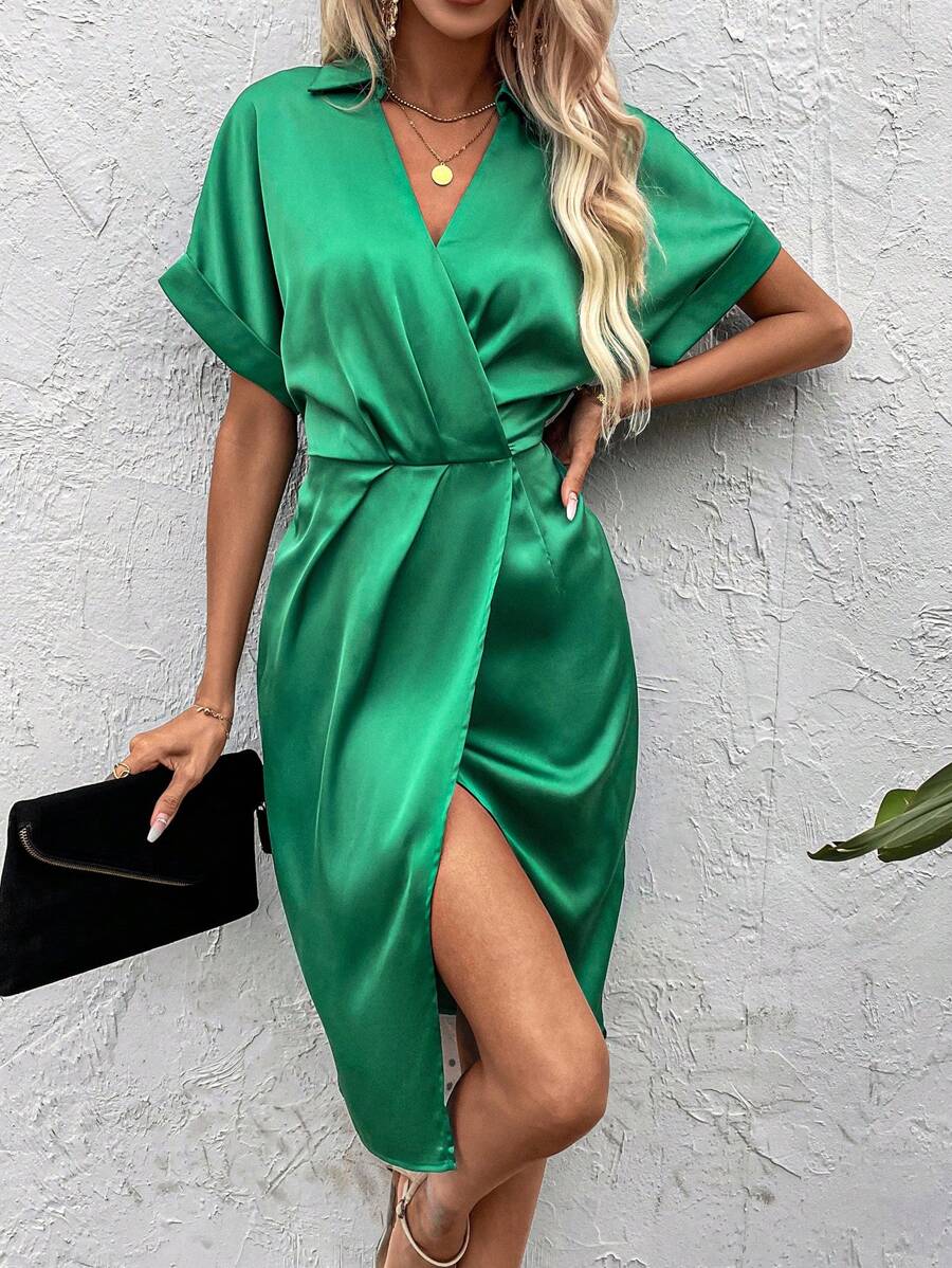 SHEIN Clasi Đầm Trọn gói Uốn nếp màu trơn Thanh lịch - màu xanh lá - Xem 1