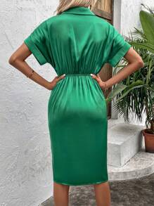 SHEIN Clasi Đầm Trọn gói Uốn nếp màu trơn Thanh lịch - màu xanh lá - Xem 2