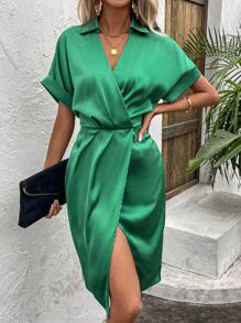 SHEIN Clasi Đầm Trọn gói Uốn nếp màu trơn Thanh lịch - màu xanh lá - Xem 6
