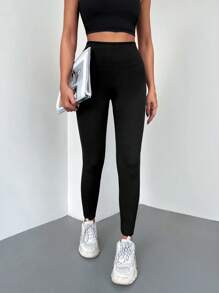 SHEIN Cottnline Solid Wideband Waist Leggings - Black - View 5